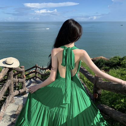 2025 high-end strap neck swing skirt female sexy backless romantic vacation white green split-ended long dress
