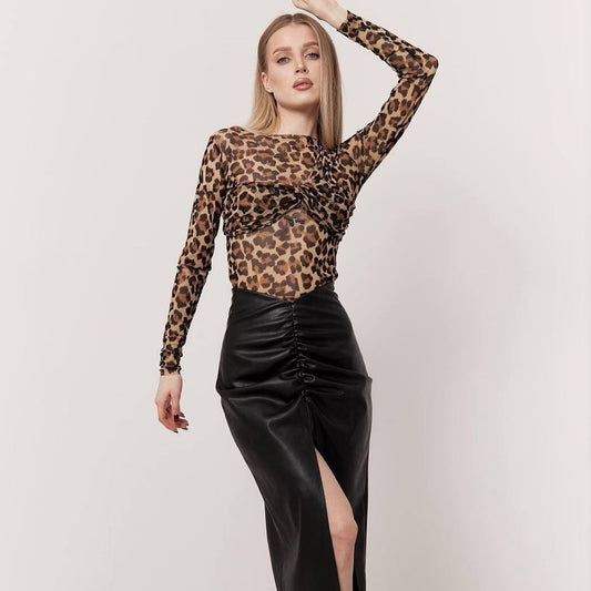 New new sexy kinked leopard print long-sleeved T-shirt women's spring and autumn new tight round neck bottoming T-shirt women's