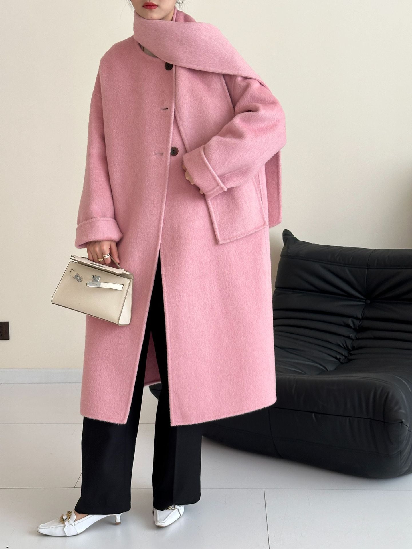 2025 Yak velvet mulberry silk wool single-row multi-button scarf, shoulder-length sleeves, double-sided woolen cashmere coat, no vest.