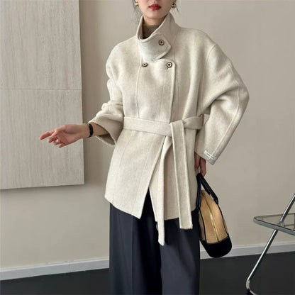 2025 Stand-up collar lace-up shoulder sleeves solid color wool double-sided cashmere coat woolen jacket versatile autumn and winter casual versatile