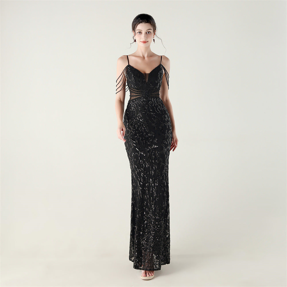 33396 # new heavy industry beaded mid-waist beaded fishtail evening dress, red carpet wedding banquet dress