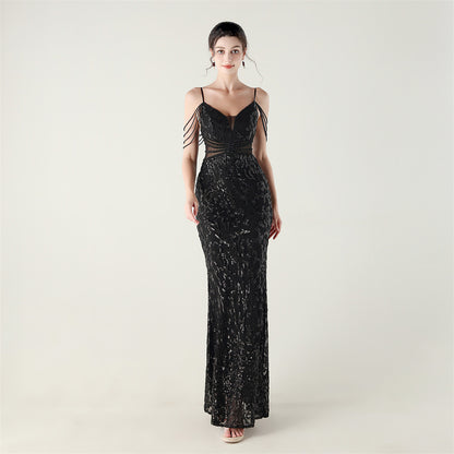 33396 # new heavy industry beaded mid-waist beaded fishtail evening dress, red carpet wedding banquet dress