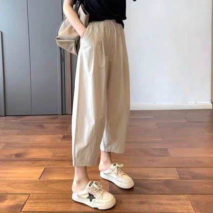 flowersverse Thin Wide-Leg Cropped Pants Women's Summer Casual Straight Pants Japanese Style Simple Slimming Solid Color Workwear Pants