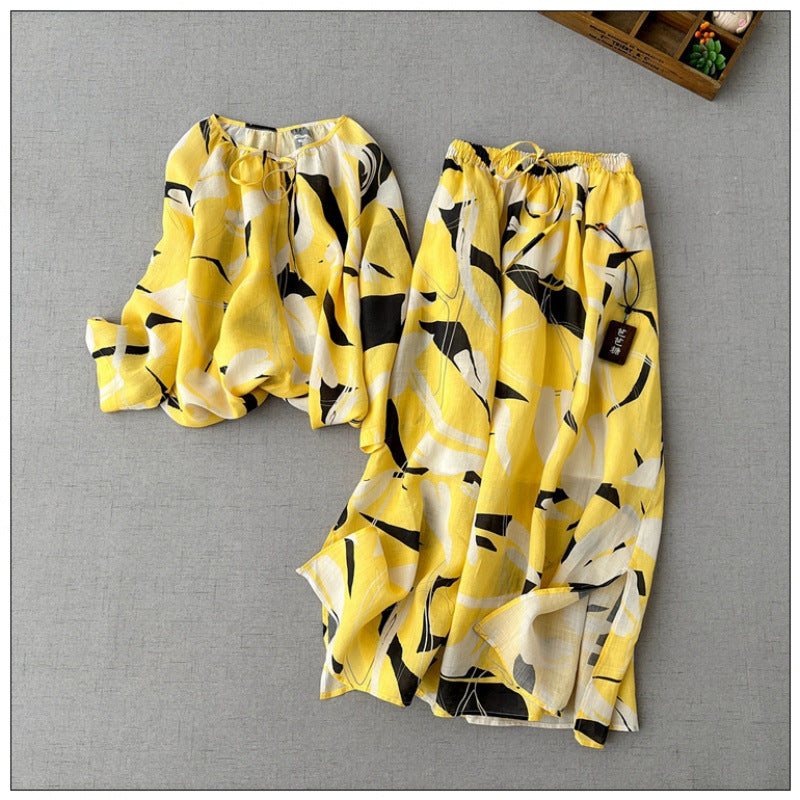 Literary and retro printed shirt skirt set  spring comfortable pendulum double-layer A-word long skirt two-piece set