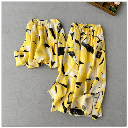 Literary and retro printed shirt skirt set  spring comfortable pendulum double-layer A-word long skirt two-piece set