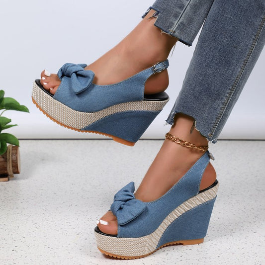 flowersverse  Wedge Hemp Rope Platform High Heel Women's Sandals  New Denim Bow Waterproof Platform Peep-Toe Slingback Sandals