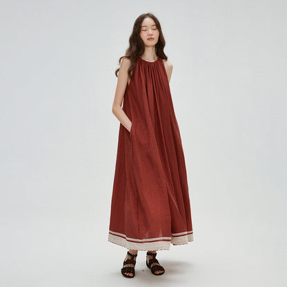 Angola Red Linen Design Sense Dress Holiday Neck Drawstring Ribbon Splicing Swing Skirt B0802