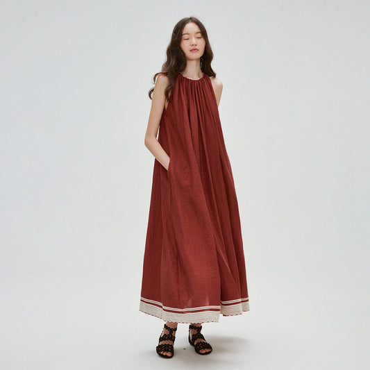 Angola Red Linen Design Sense Dress Holiday Neck Drawstring Ribbon Splicing Swing Skirt B0802