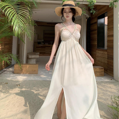 2025 High-end light luxury celebrity banquet neck sling dress niche design seaside vacation beach dress long dress
