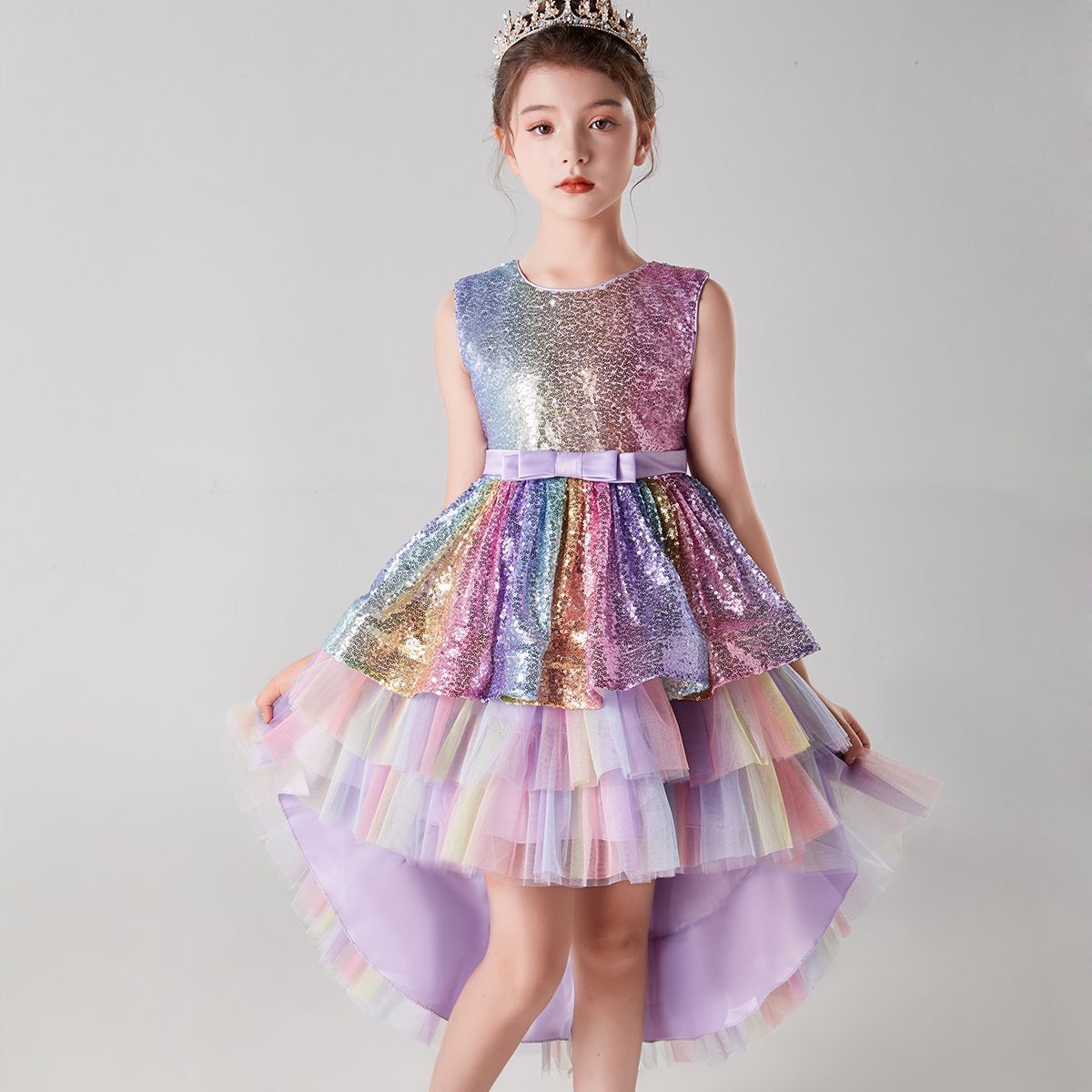 flowersverse Girls' Seven-Color Sequins Gradient Trailing Dress Main Dress Children's Wedding Dress Catwalk Host's Dress Dress