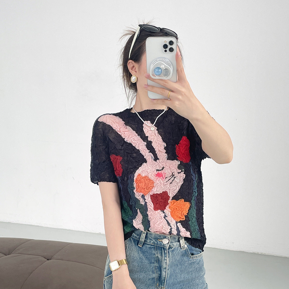 summer three-dimensional oil painting feeling flower high elastic scratch pleated anti-wrinkle short-sleeved crew neck T-shirt slim-fitting versatile top women