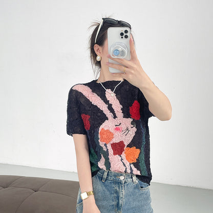 summer three-dimensional oil painting feeling flower high elastic scratch pleated anti-wrinkle short-sleeved crew neck T-shirt slim-fitting versatile top women