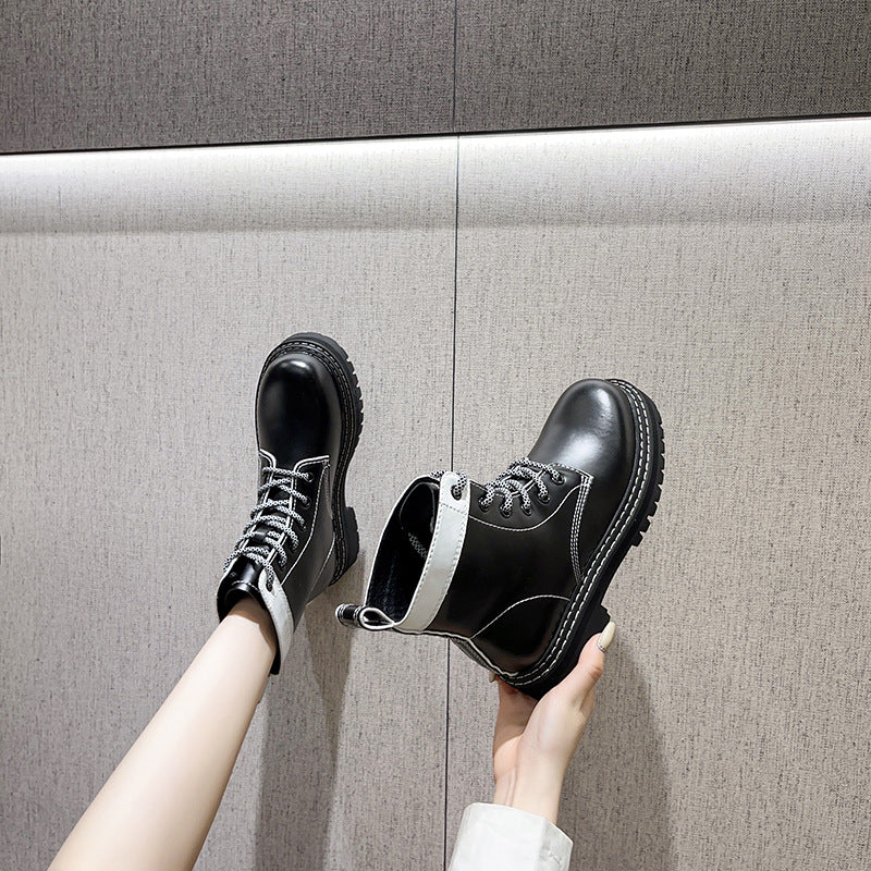 2025 autumn new white lace-up short boots thick-soled round-headed women's boots spring and autumn single boots Martin boots summer thin