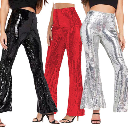 FLOWERSVERSE  X8077 European and American Independent Station Cross-Border Women's Clothing Sexy Nightclub See-through Sequins Loose Flared Pants with Lining
