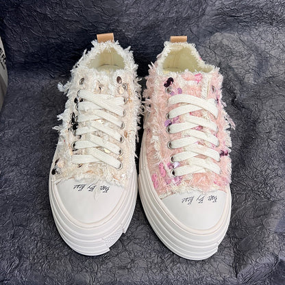 flowersverseSwan Heart Wu Jianhao Same Style Beggar Shoes Pink Feather Sequins Platform Canvas Shoes Fairy Casual White Shoes