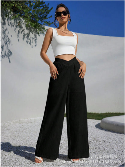 FLOWERSVERSE  Cross-Border Foreign Trade New European and American Solid Color Cross Waist Pleating Wide Leg Popular Women's Casual Pants