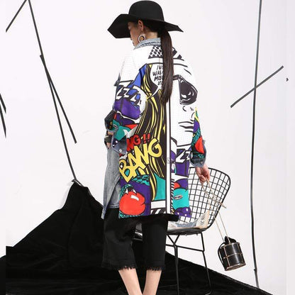 New new women's denim trench coat fashion abstract creative pattern splicing loose washing denim jacket