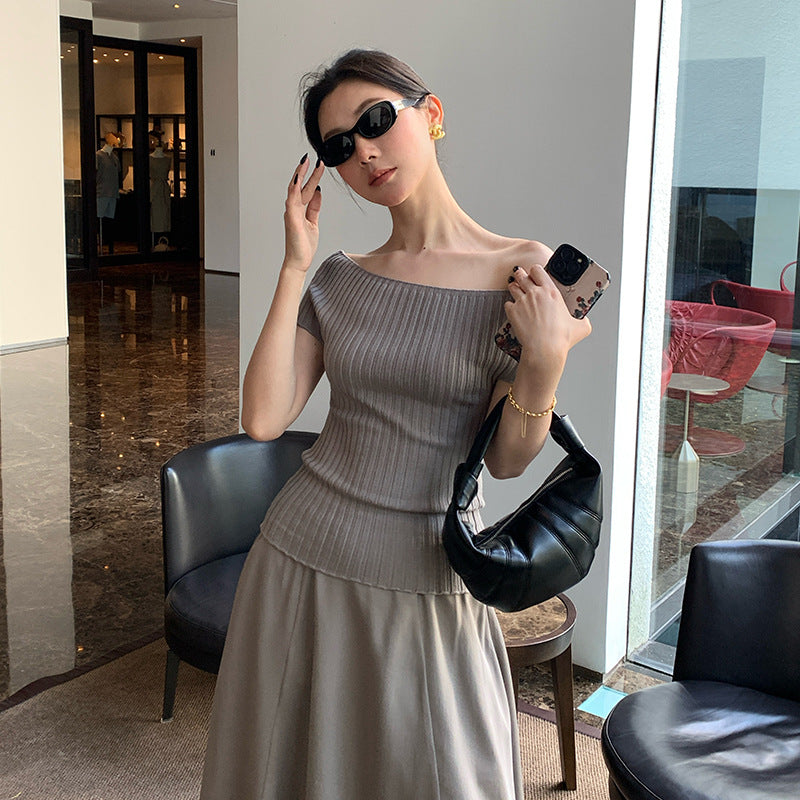 2025 Spring and Summer New Versatile One-Word Neck Slim-fit Bottom Knitted Sweater Short Sleeve T-Shirt Women's Top 25217