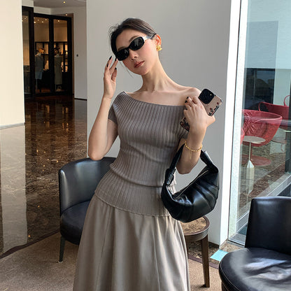 2025 Spring and Summer New Versatile One-Word Neck Slim-fit Bottom Knitted Sweater Short Sleeve T-Shirt Women's Top 25217