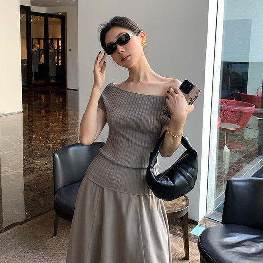 2025 Spring and Summer New Versatile One-Word Neck Slim-fit Bottom Knitted Sweater Short Sleeve T-Shirt Women's Top 25217