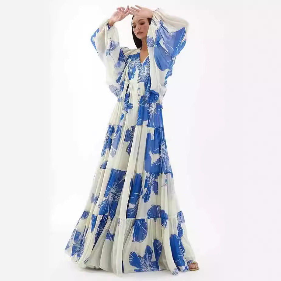 FLOWERSVERSE New cross-border new long-sleeved 2025 women's clothing fashion printing fairy long temperament evening dress dress