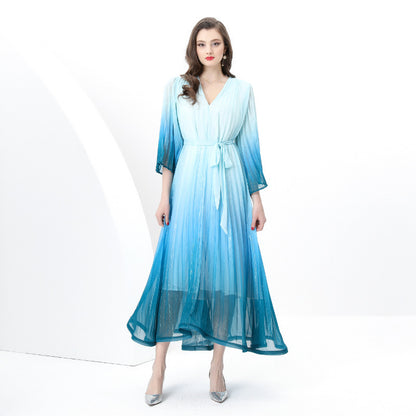 style gradual change color V-neck dress women's spring horn sleeve pleated strap design chic beautiful long skirt