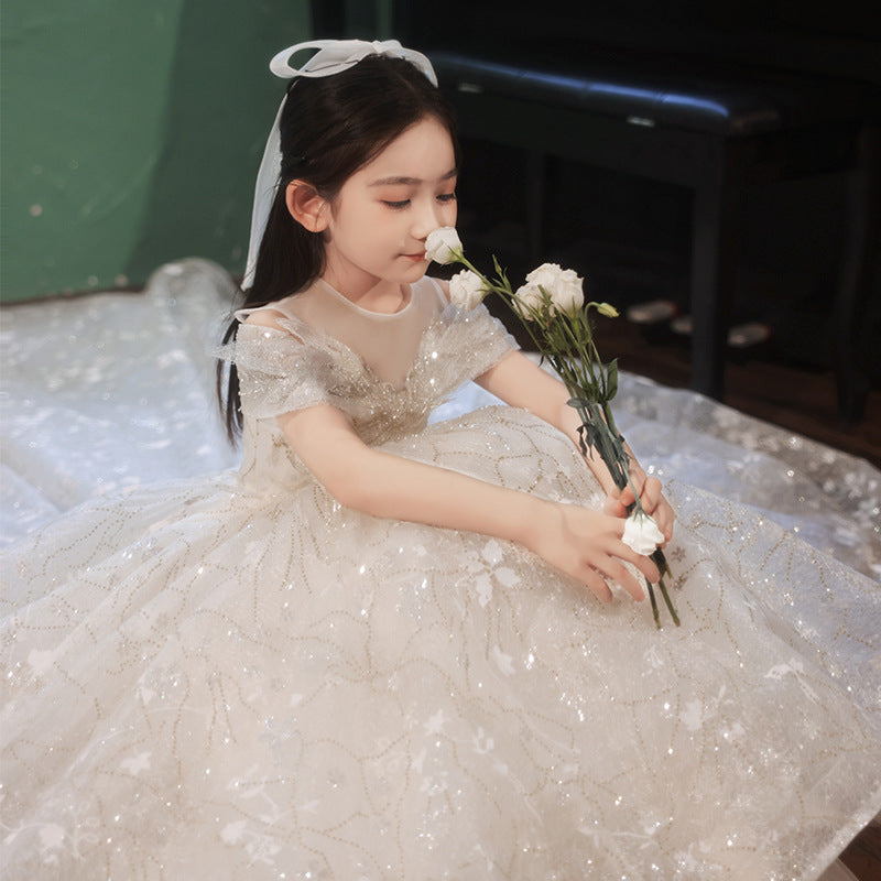 flowersverse Girl's Dress  New Children's Western Style Catwalk Tail Princess Dress Host Little Girl Tulle Tutu Summer