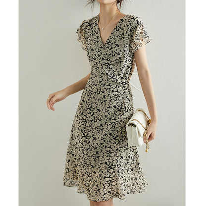 2025 Heavy silk georgette  floral skirt mulberry silk coffee break dress summer dopamine wear women's clothing