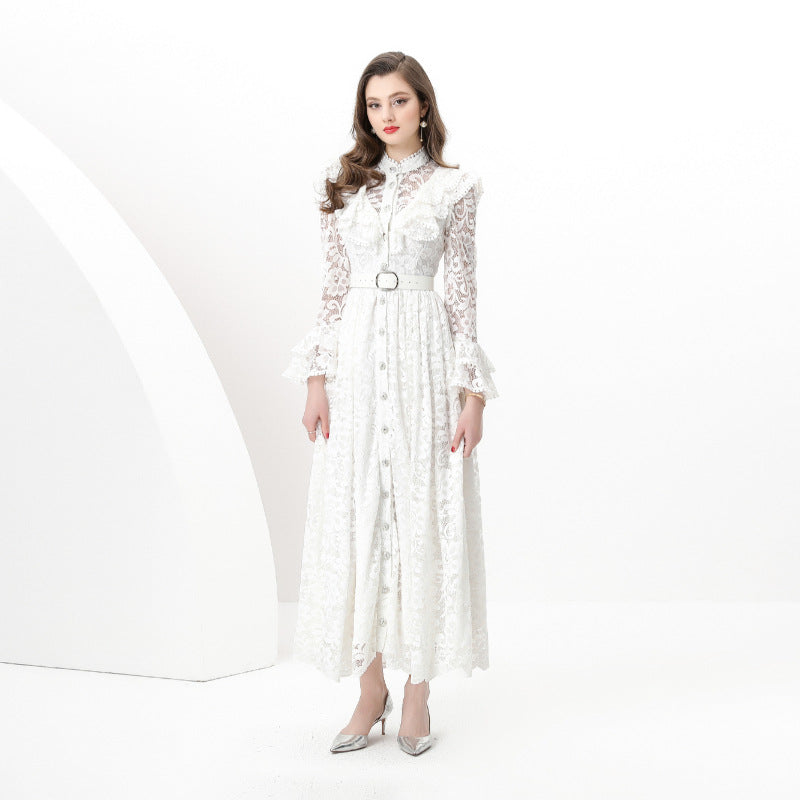 new  women's dress high-end fungus edge splicing single-breasted waist lace embroidered dress