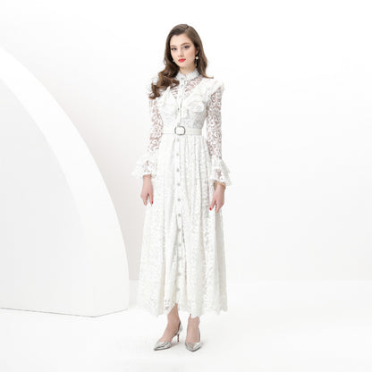 new  women's dress high-end fungus edge splicing single-breasted waist lace embroidered dress