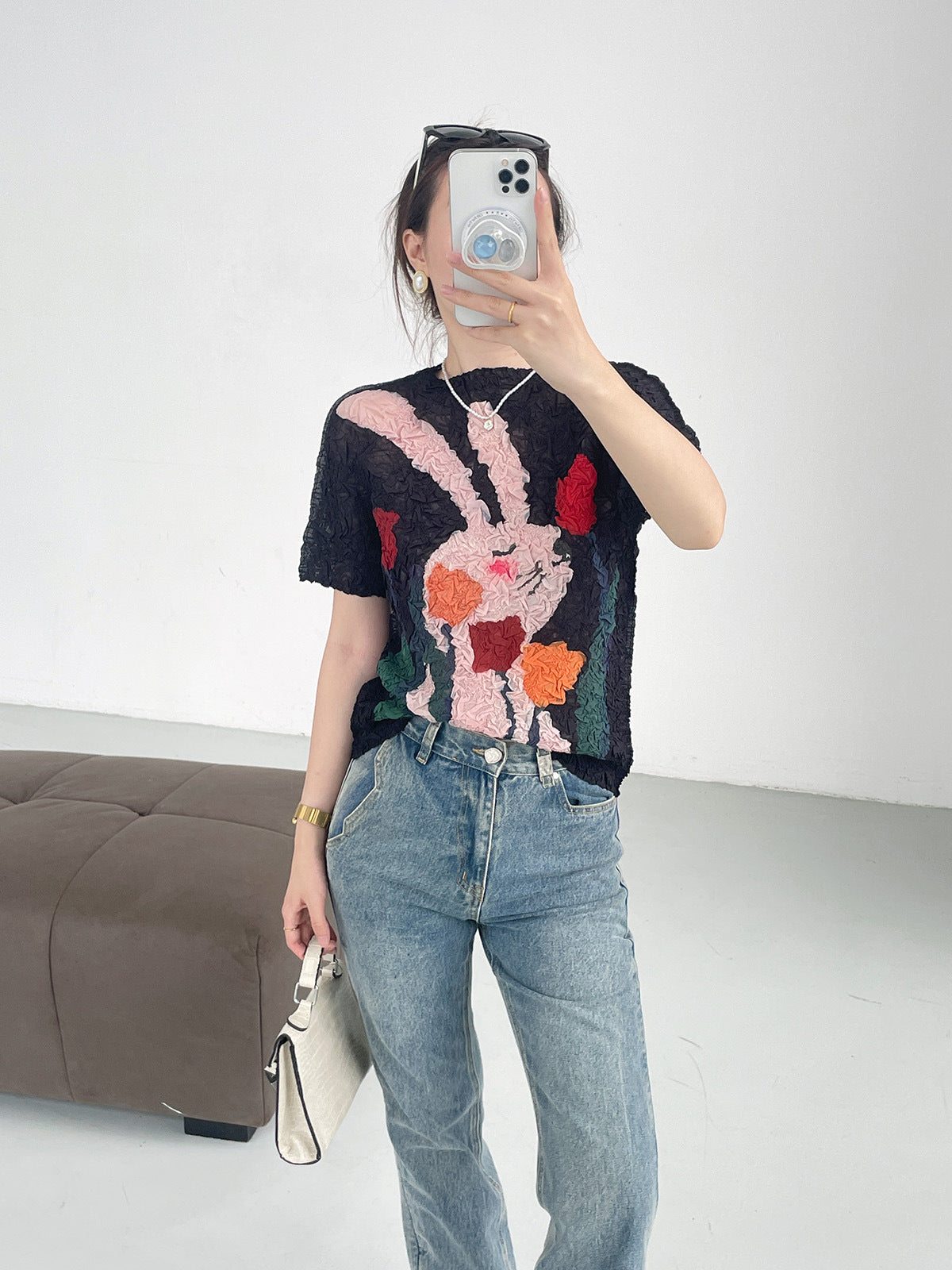 summer three-dimensional oil painting feeling flower high elastic scratch pleated anti-wrinkle short-sleeved crew neck T-shirt slim-fitting versatile top women
