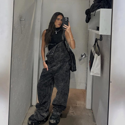 high streets, personalized street style, loose niche, old denim overalls, straight-tube high-end trendy brand wholesale