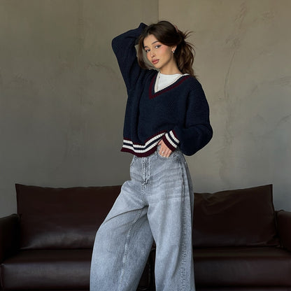 Stripes contrasting colors fashion ins wind sweater women's autumn and winter new V-neck long-sleeved pullover lazy loose knitted top women