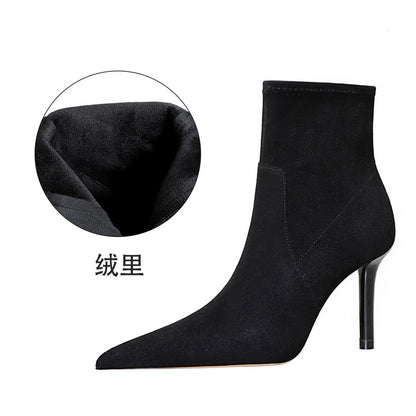 FLOWERSVERSE 2025 1619-1  style fashionable and sexy nightclub showing thin suede side zipper pointed winter short women's boots short boots