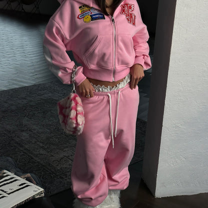 Spring  new short suit sweater  loose hooded letter printing niche suit women