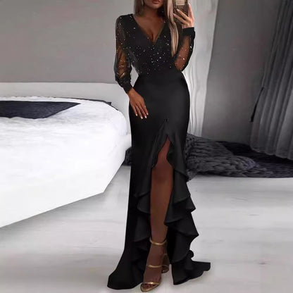 FLOWERSVERSE popular New new hip-wrapped mid-waist waist-closed black literary mesh sequined temperament commuter dress dress