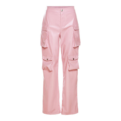 flowersverse HOT and NEW Cross Border  Women's Clothing Poly Urethane Leather Pocket High Waist Loose Straight Casual Trousers