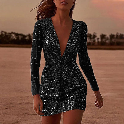 FLOWERSVERSE 2025 2025 sexy deep V perspective sprinkling gold hip dress long-sleeved evening dress, New women's clothing spring new models