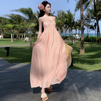 2025 Seaside vacation dress photo high sense Muse Fan sweet pink bead neck beach dress big swing dress