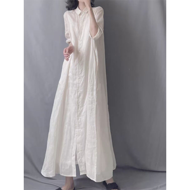 Solid color simple literary and retro loose large size temperament elegant temperament versatile lapel nine-quarter sleeve shirt dress