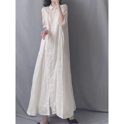 Solid color simple literary and retro loose large size temperament elegant temperament versatile lapel nine-quarter sleeve shirt dress