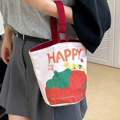FLOWERSVERSE  New Cartoon Canvas Bag Bucket Bag Printed Cute Small Handbag Contrast Color Bento out Rabbit Small Carrying Bag