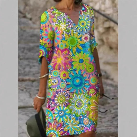 FLOWERSVERSE Cross-border new color matching printed patchwork V-neck wide Shochiku retro literary round neck five-quarter sleeve large size dress