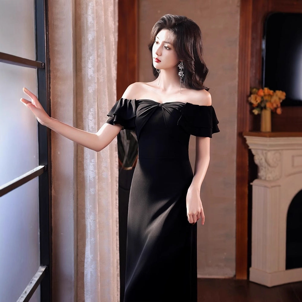 2025 One-word shoulder black evening dress women's banquet temperament high-end dress women's light luxury niche host high-end spring