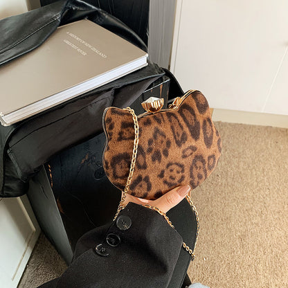 FLOWERSVERSE 2025 Niche design fashionable leopard print cat head small bag women's popular winter new light luxury shoulder bag tide chain messenger bag