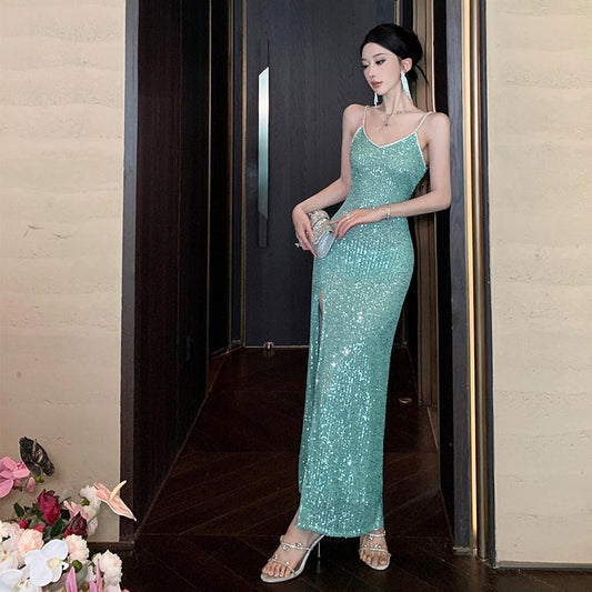 2025 Pure desire wind white inside with green sequined evening dress dress high sense slim sexy suspender dress dress dress dress