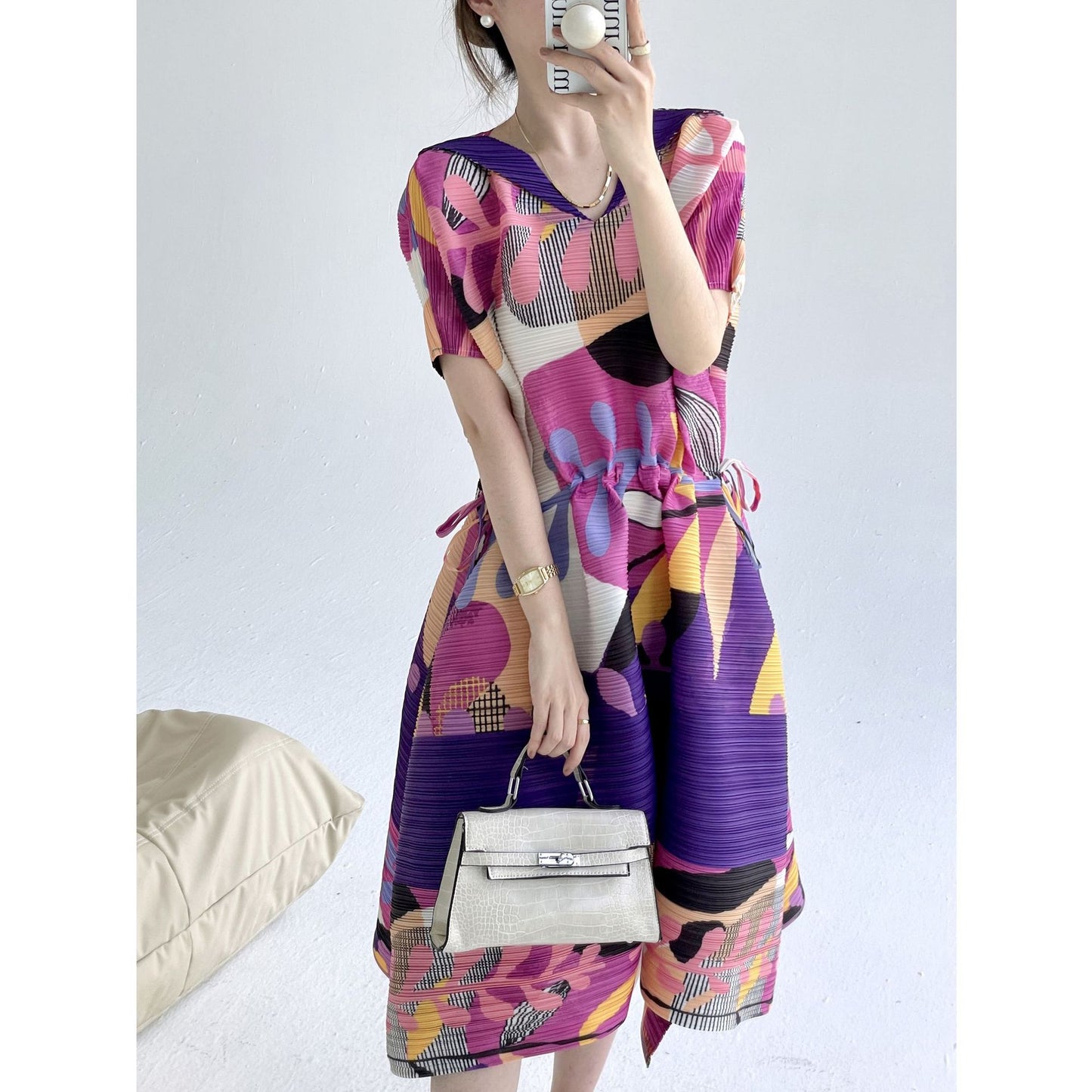 Miyake summer new fashion retro printing loose v-neck pleated dress femininity drawstring waist skirt