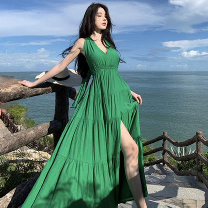2025 high-end strap neck swing skirt female sexy backless romantic vacation white green split-ended long dress