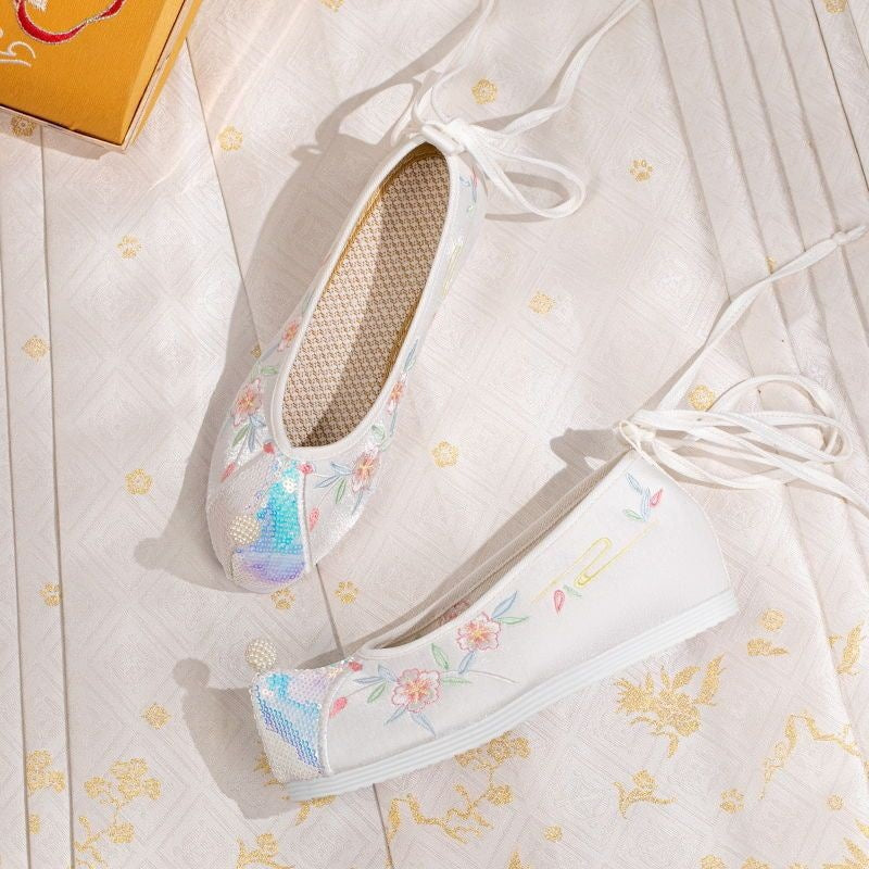 flowersverseShoes for Han Chinese Clothing Dance Embroidery Edge Summer Breathable Improved Women's Flat Ethnic Style Embroidered Cotton Shoes Antique Shoes Height Increasing Insole