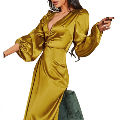 FLOWERSVERSE 2025 2025 New foam sleeve temperament commuter skirt set yellow long dress loose solid color v-neck dress